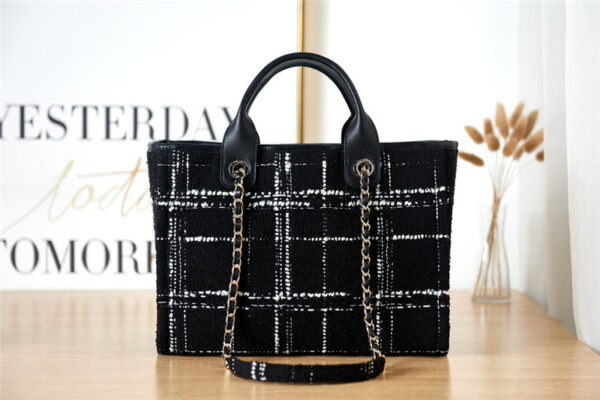 CC Colorful Letters Woolen Plaid Beach Bag - Image 3