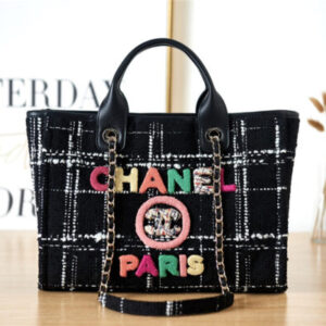 CC Colorful Letters Woolen Plaid Beach Bag