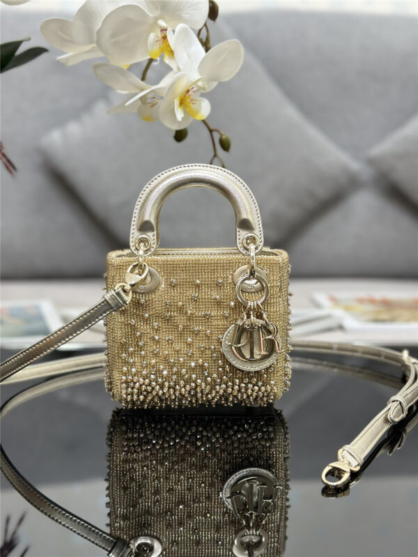 Lady Dior Mini Embroidered Beaded Bag Gold