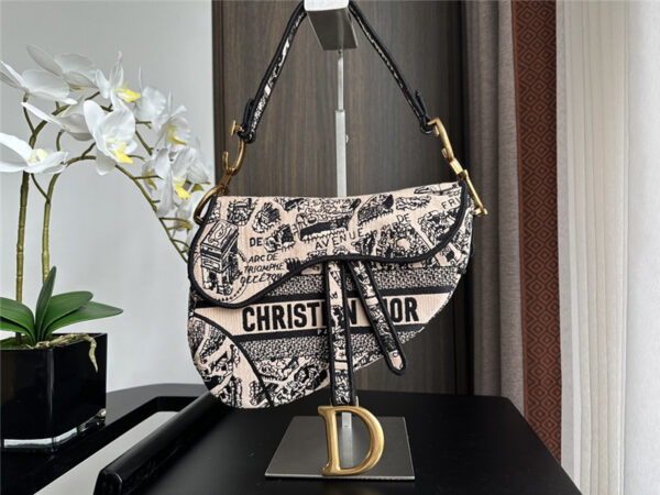 Dior Black Embroidered Denim Saddle Bag - Image 6