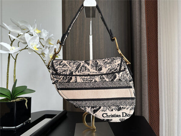 Dior Black Embroidered Denim Saddle Bag