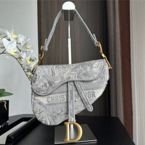 Dior Grey Embroidered Denim Saddle Bag