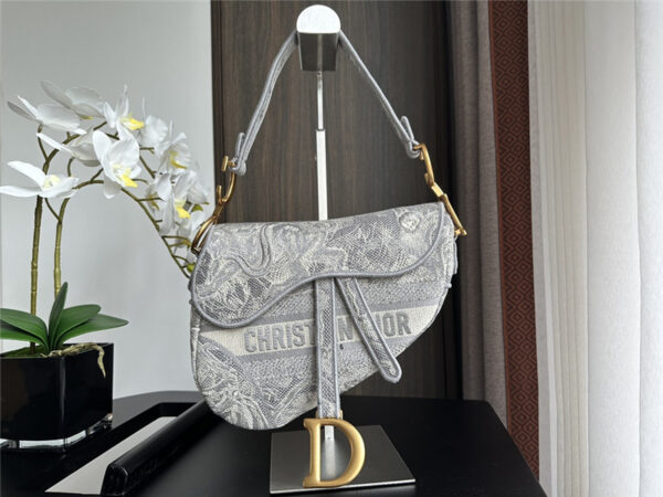 Dior Grey Embroidered Denim Saddle Bag