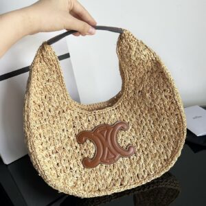 Celine Raffia Calfskin Triomphe Panier Hobo Bag