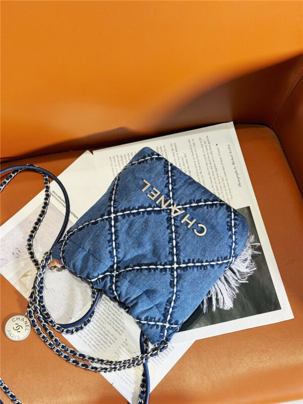 CC Blue Stitched Denim Mini 22 Bag - Image 4