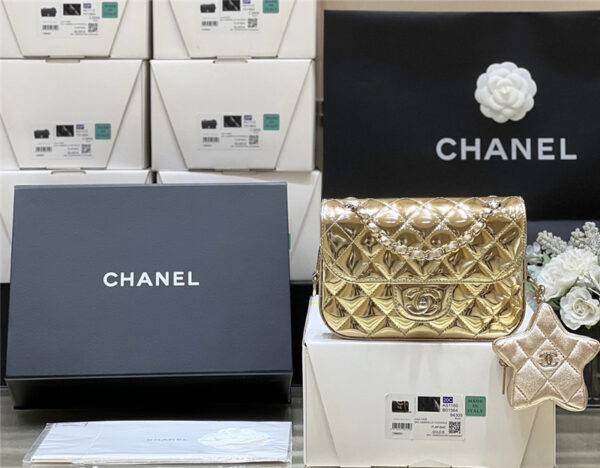 CC CF gold patent leather flap bag