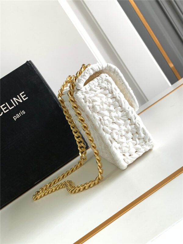 Celine Raffia Effect Claude Chain Shoulder Bag in White - Image 3