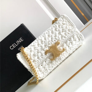 Celine Raffia Effect Claude Chain Shoulder Bag in White