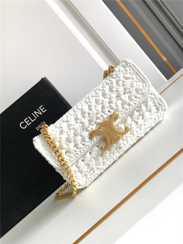 Celine Raffia Effect Claude Chain Shoulder Bag in White