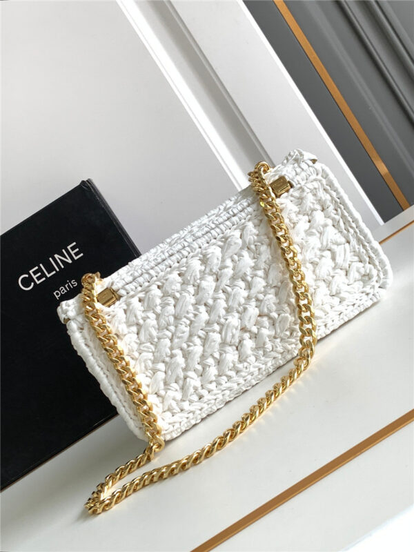 Celine Raffia Effect Claude Chain Shoulder Bag in White - Image 6