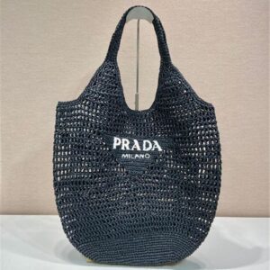 prada raffia tote bag black