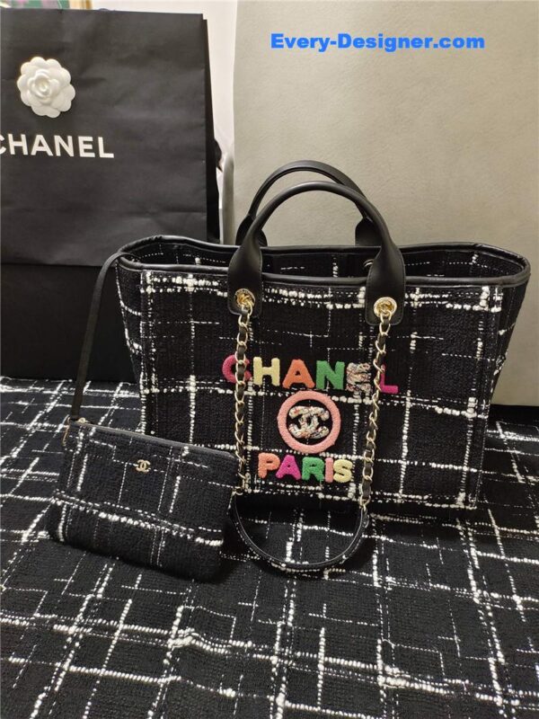 Chanel colorful letters woolen plaid beach bag - Image 2