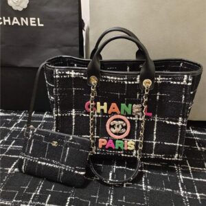 Chanel colorful letters woolen plaid beach bag